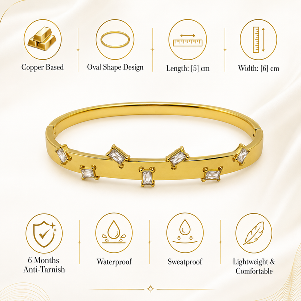 Real Baguette Rectangular White Stone Gold Oval Kada for Women | Channel Set Crystal Stainless Steel Ladies Bangle | White Baguette Jewellery - House of Viya