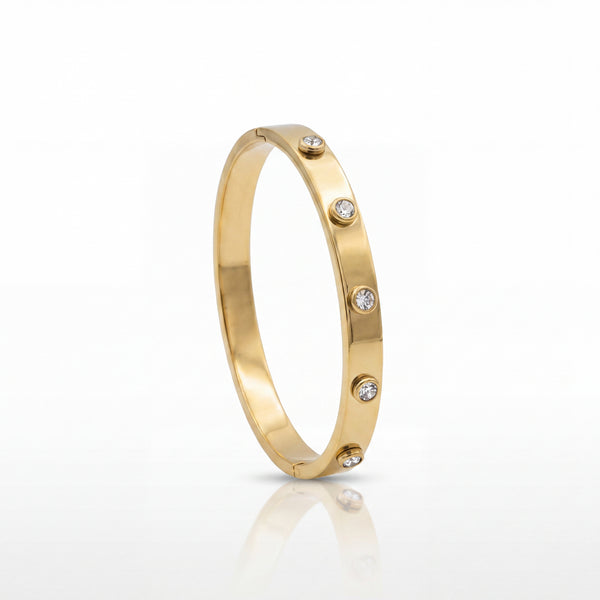 Three Stone Bezel CZ Slim Baby Kada Bangle | Gold Plated Solitaire Trio Bracelet for Women - House of Viya