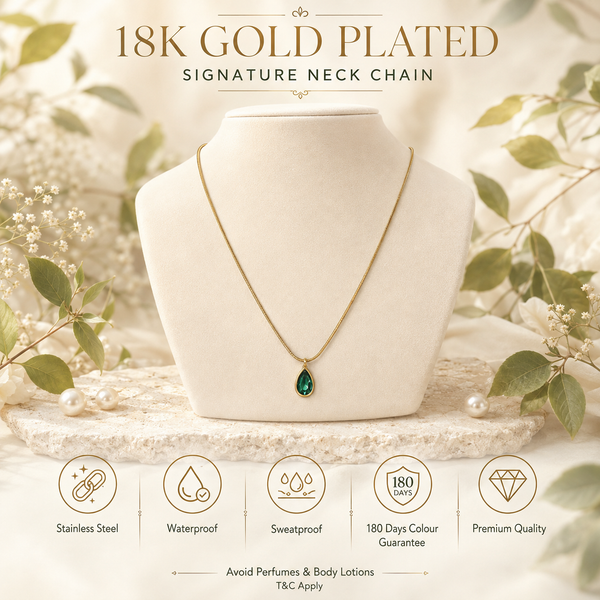 Chain 18K Gold-Plated Fine Chain with Teardrop Green Stone Pendant - House of Viya
