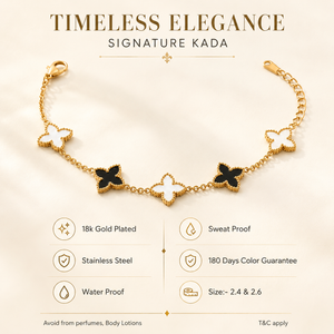 Gold Plated Black and White Mother of Pearl Clover Charm Station Chain Bracelet with Lobster Clasp