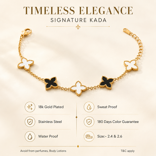 Gold Plated Black and White Mother of Pearl Clover Charm Station Chain Bracelet with Lobster Clasp