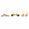 Earrings Pearl Bead Bar, Emerald Oval Halo & Gold Cluster Ball Stud Earrings Set of 3 Pairs