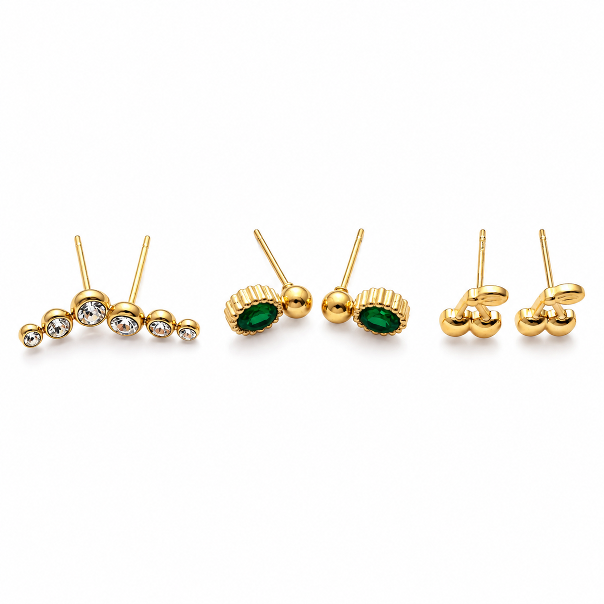 Earrings Pearl Bead Bar, Emerald Oval Halo & Gold Cluster Ball Stud Earrings Set of 3 Pairs