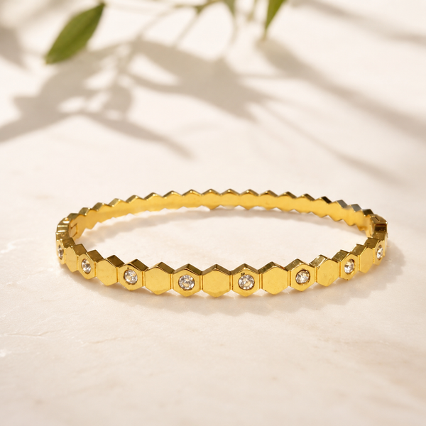 Gold Tension Set Diamond Oval Kada for Women | Floating Solitaire Stainless Steel Ladies Bangle | Minimalist Festive Jewellery - House of Viya