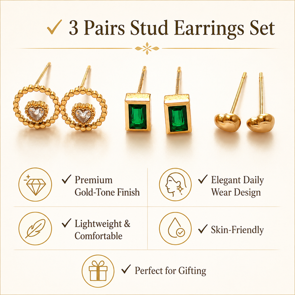 Earrings Halo Heart, Emerald Rectangle & Minimal Dome Stud Earrings Set of 3 Pairs