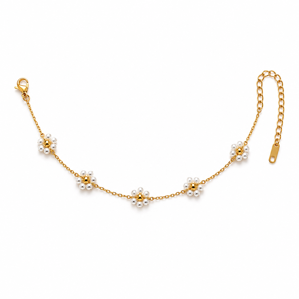 Gold Plated Pearl Cluster Floral Flower Station Delicate Chain Bracelet with Lobster Clasp