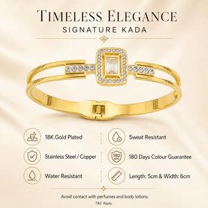 Kadas Gold-Tone Rectangular Solitaire Stone-Studded Halo Kada with Crystal Accents - Polished Finish Slim Bracelet