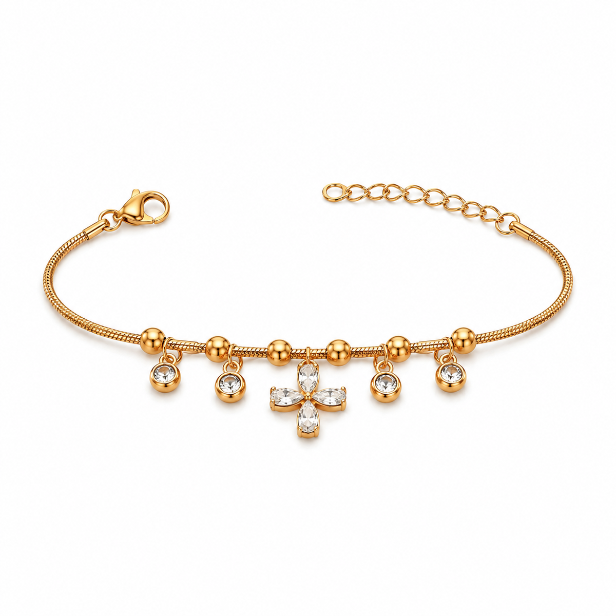 Gold Plated Snake Chain Bracelet with White Clover and White Stone Charm Cluster