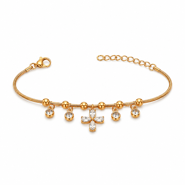 Gold Plated Snake Chain Bracelet with White Clover and White Stone Charm Cluster - House of Viya