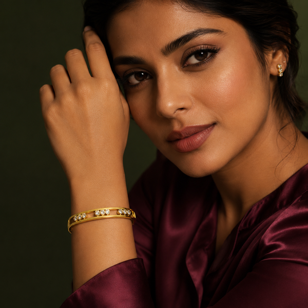 Kadas Gold-Tone Crystal-Studded Floral Design Slim Kada for Women - House of Viya