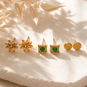 Earrings Gold Snowflake, Emerald Square & Textured Dome Stud Earrings Set of 3 Pairs