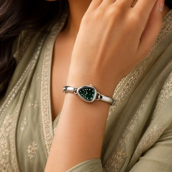 Watches Silver-Tone Pear Shape Dial Green Stone Bracelet Watch for Women - House of Viya