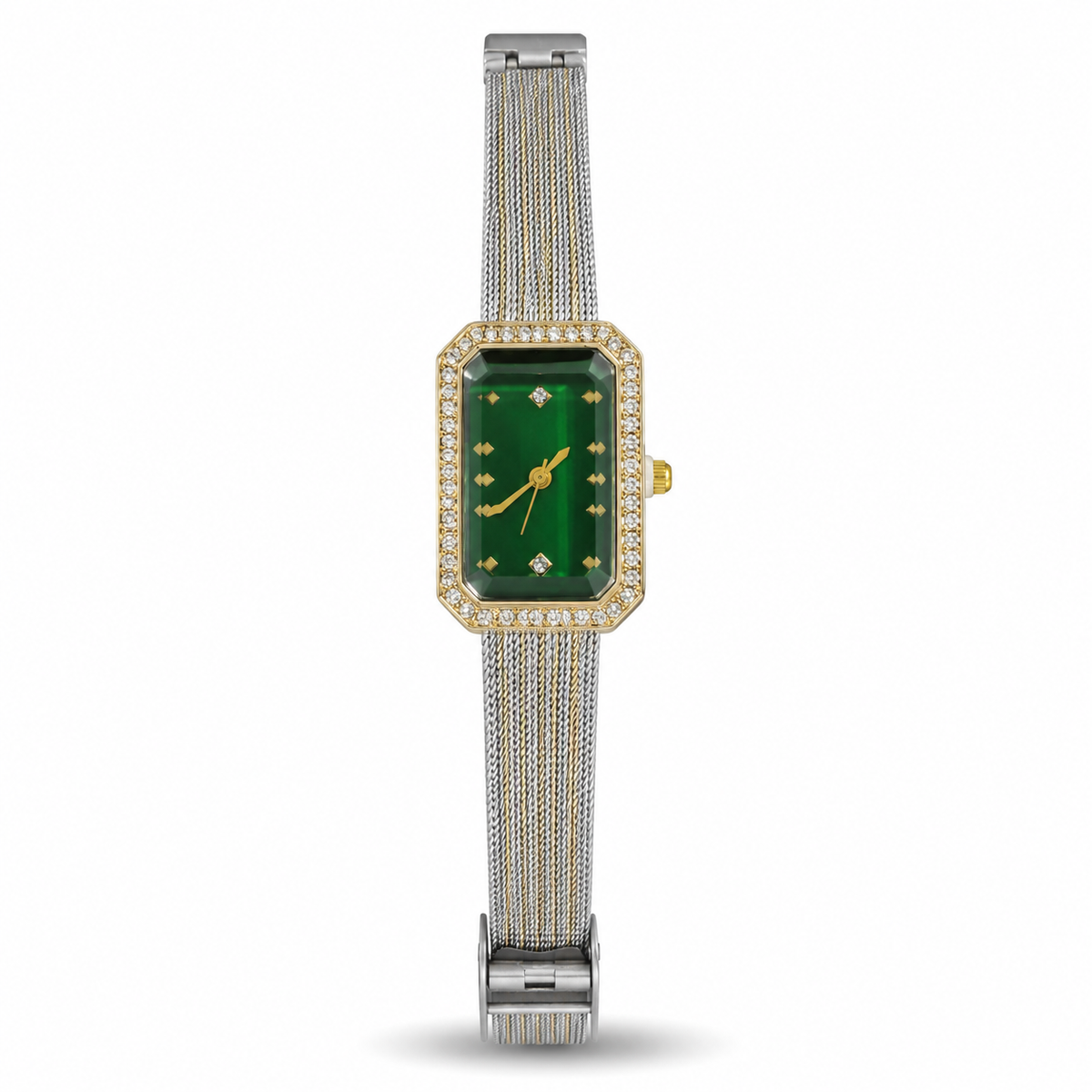 Watches Two-Tone Rectangular Green Dial Crystal Studded Bezel Bracelet Watch for Women