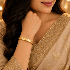 Gold Star Engraved Floral Diamond Cluster Kada for Women | 4-Point Motif Stainless Steel Ladies Bangle | Designer Festive Jewellery
