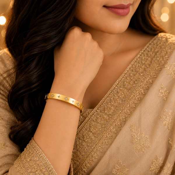 Gold Star Engraved Floral Diamond Cluster Kada for Women | 4-Point Motif Stainless Steel Ladies Bangle | Designer Festive Jewellery - House of Viya
