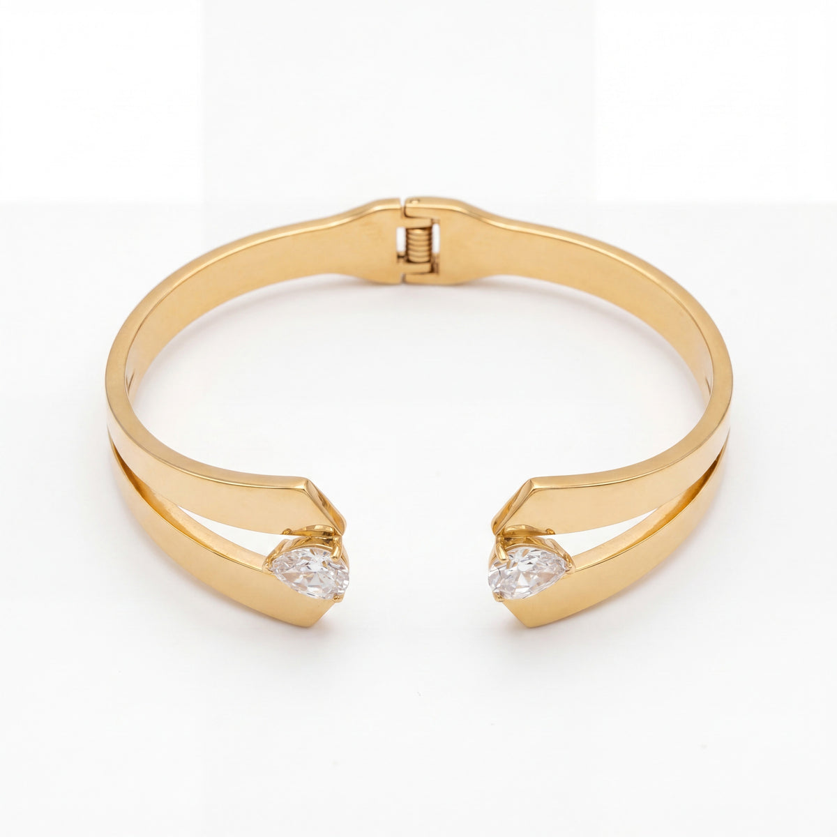 Dual Heart CZ Open Bypass Baby Kada Bangle | Gold Plated Solitaire Tip Cuff Bracelet for Women