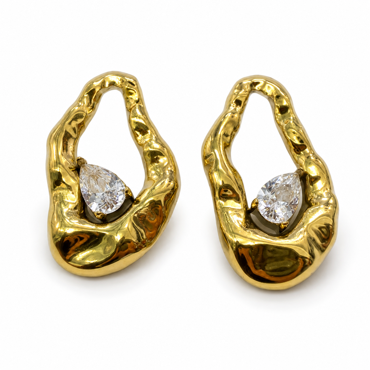 Earrings Gold-Tone Rippled Textured Clear Stone Stud Earrings