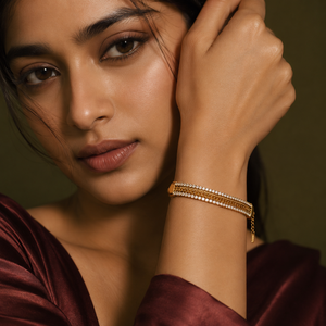 Gold Plated Wide Triple Strand Curb Chain Bracelet with Centre White Stone Tennis Row - House of Viya