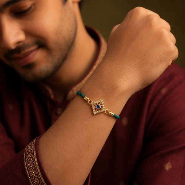 Rakhi Stone-Studded Diamond Square Geometric Motif Rakhi