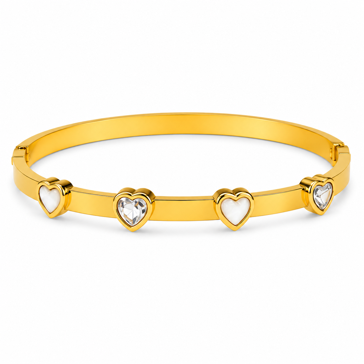 Gold Heart Shape Diamond Oval Kada for Women | Raised Heart Motif Stainless Steel Ladies Bangle | Romantic Festive Jewellery