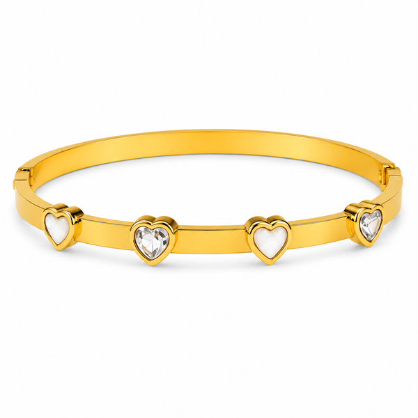 Gold Heart Shape Diamond Oval Kada for Women | Raised Heart Motif Stainless Steel Ladies Bangle | Romantic Festive Jewellery - House of Viya