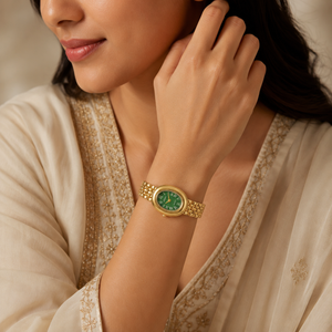 Watches Gold-Tone Oval Green Dial Roman Numeral Bracelet Watch for Women