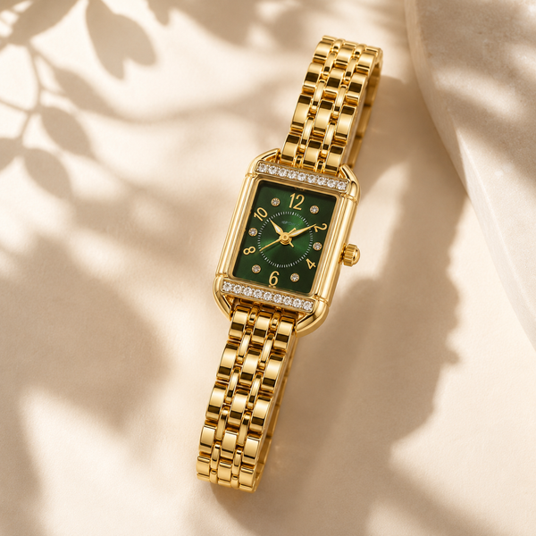 Watches Gold-Tone Rectangular Green Dial Crystal Studded Bezel Bracelet Watch for Women