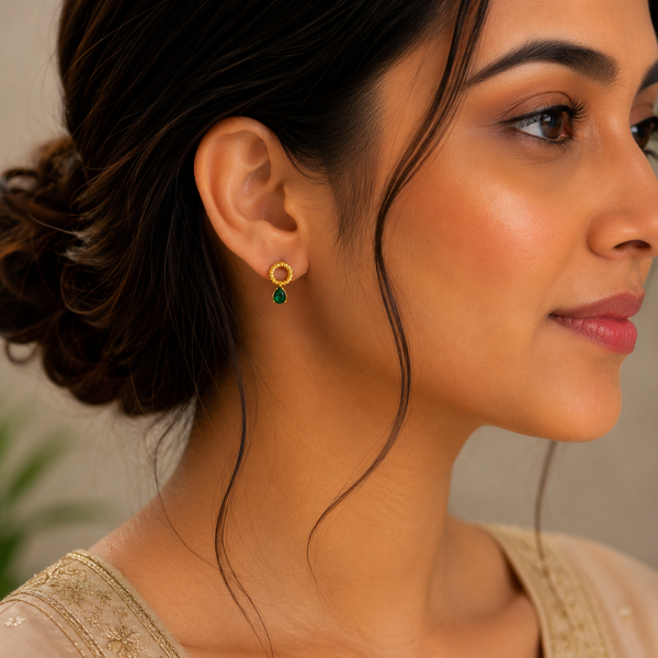 Earrings Emerald Drop Hoop, Zircon Square & Minimal Wave Stud Earrings Set of 3 Pairs