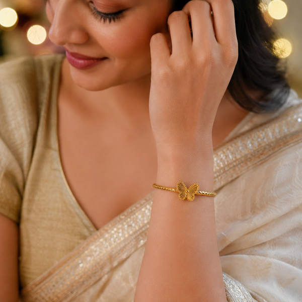 Gold Butterfly Fan Center Open Cuff Kada | Beaded Ball End Stainless Steel Ladies Bangle | Elegant Festive Wrist Jewellery - House of Viya