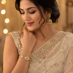 Gold Triple Rail Rectangular Solitaire Baguette Frame Kada for Women | Three Row Band Stainless Steel Ladies Bangle | Premium Festive Jewellery