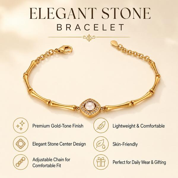 Gold Plated Bamboo Bar Link Bracelet with Rhombus White Stone Halo Centrepiece and Lobster Clasp - House of Viya