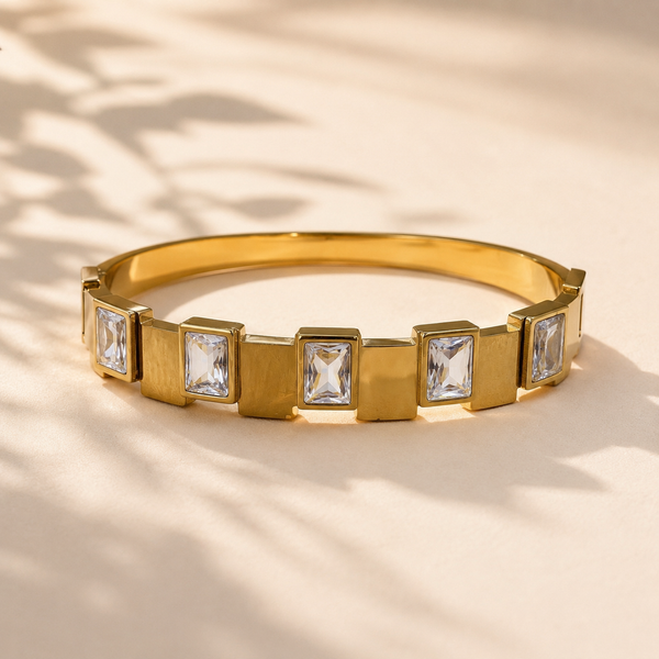 Gold White Stone Rectangular Panel Oval Kada for Women | Crystal Solitaire Stainless Steel Ladies Bangle | Classic Festive Jewellery - House of Viya
