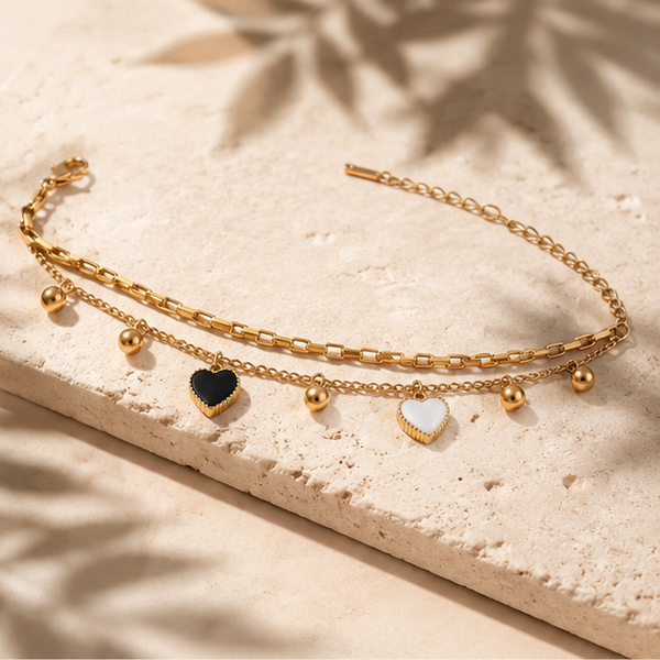Gold Plated Double Layer Bead Chain Bracelet with Black and White Dangling Heart Charm Drops - House of Viya