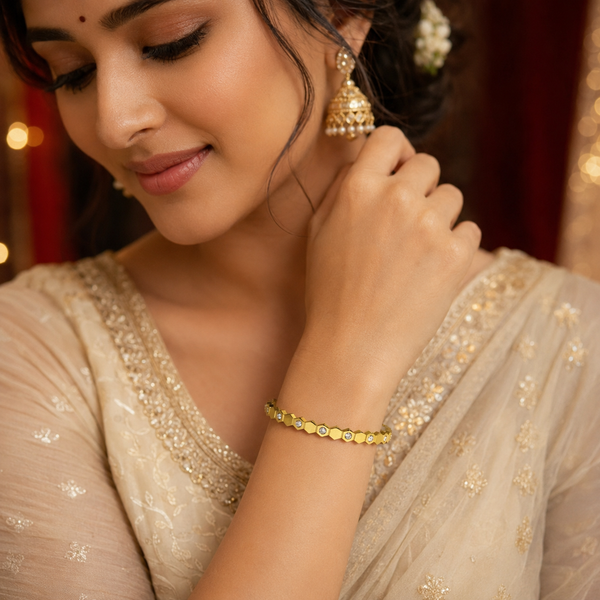 Gold Tension Set Diamond Oval Kada for Women | Floating Solitaire Stainless Steel Ladies Bangle | Minimalist Festive Jewellery - House of Viya