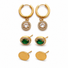 Earrings Halo Drop Hoop, Emerald Oval Bezel & Gold Oval Minimal Stud Earrings Set of 3 Pairs