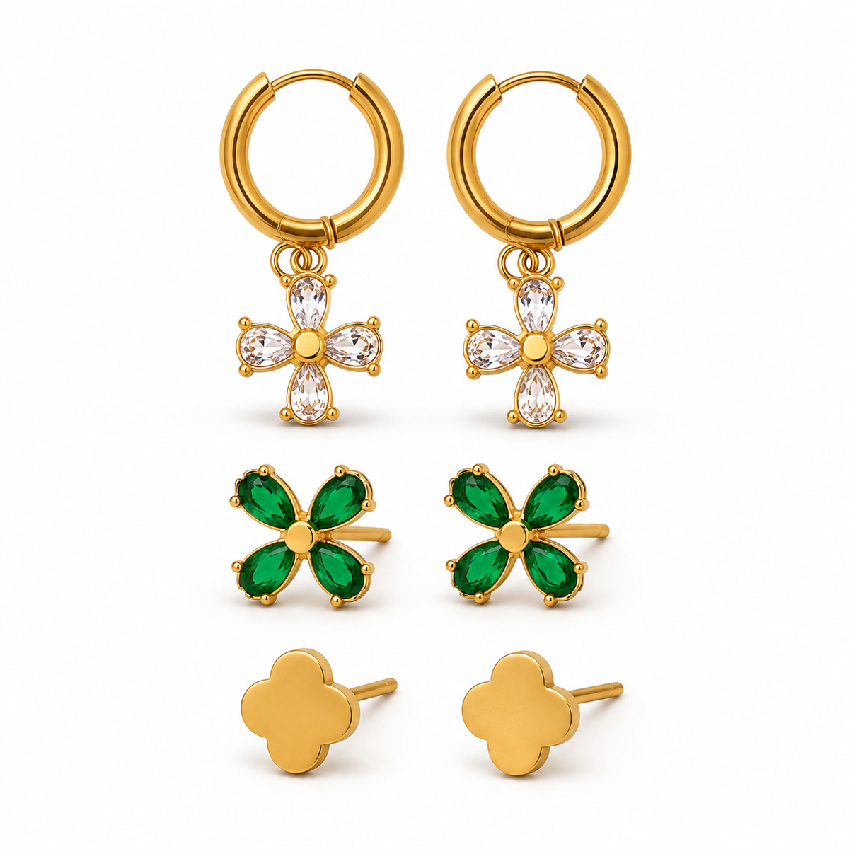 Earrings Floral Drop Hoop, Emerald Clover & Gold Clover Stud Earrings Set of 3 Pairs