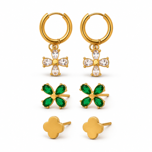 Earrings Floral Drop Hoop, Emerald Clover & Gold Clover Stud Earrings Set of 3 Pairs