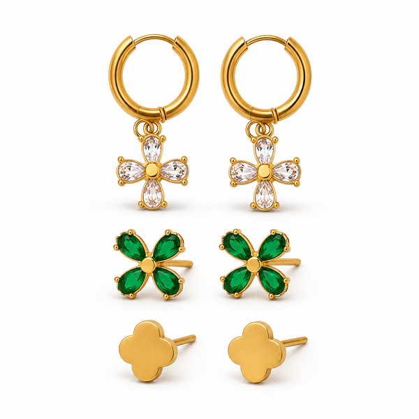 Earrings Floral Drop Hoop, Emerald Clover & Gold Clover Stud Earrings Set of 3 Pairs