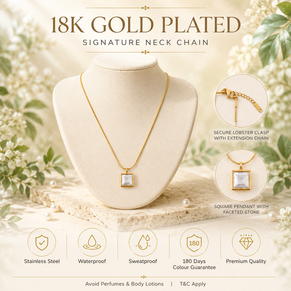 Chain 18K Gold-Plated Fine Chain with Square White Stone Pendant - House of Viya