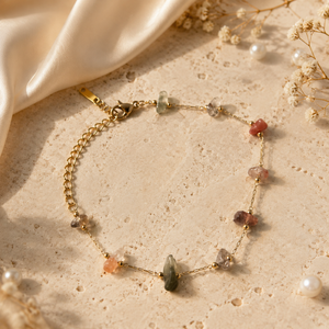 Gold Plated Multi-Colour Natural Stone Chip Dual Strand Delicate Chain Bracelet with Lobster Clasp