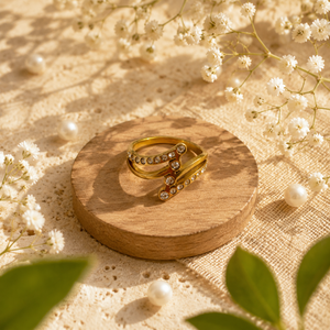 Anti tranish Gold plated Double Spiral Wrap with CZ stone Rings for adults - 1PC