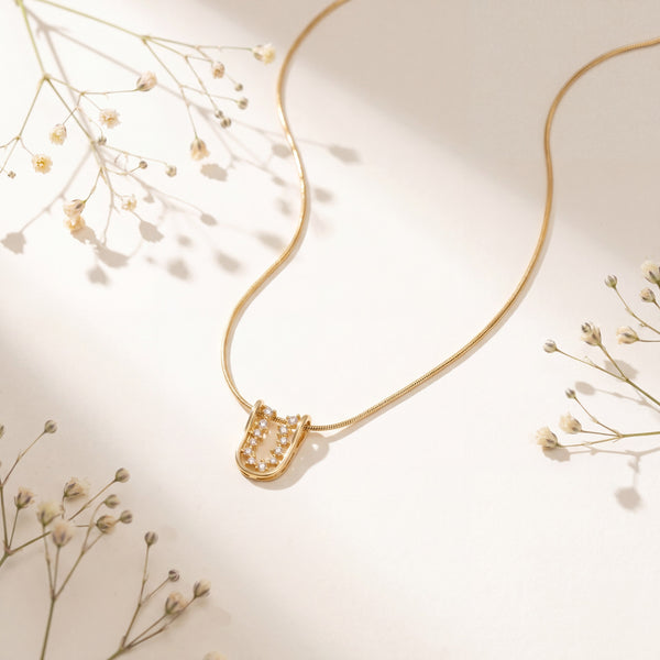 Gold Rectangular Leaf Vine CZ Pendant Chain Anti-Tarnish Necklace