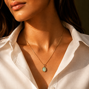 Chain 18K Gold-Plated Fine Chain with Sage Green oval Pendant - House of Viya