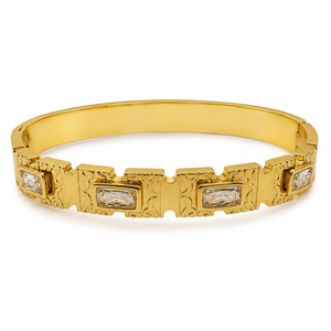 Gold Engraved Block Baguette Diamond Oval Kada for Women | Square Panel Large Stone Stainless Steel Ladies Bangle | Premium Festive Jewellery