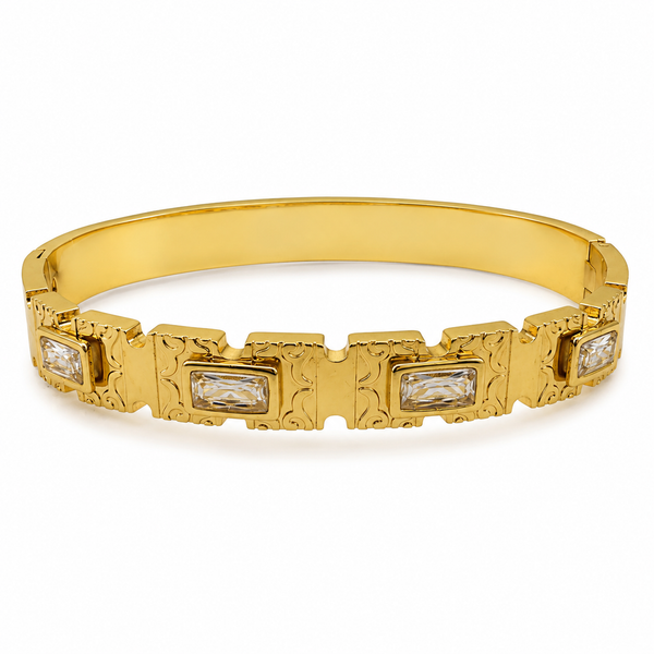 Gold Engraved Block Baguette Diamond Oval Kada for Women | Square Panel Large Stone Stainless Steel Ladies Bangle | Premium Festive Jewellery - House of Viya