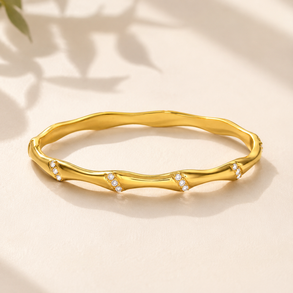 Gold Wavy Twist Organic Shape Diamond Kada for Women | Curve Point Stone Stainless Steel Ladies Bangle | Artistic Festive Jewellery - House of Viya