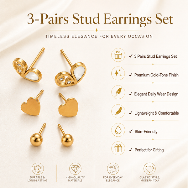 Earrings White Enamel Petal, Coral Heart & Gold Ball Stud Earrings Set of 3 Pairs