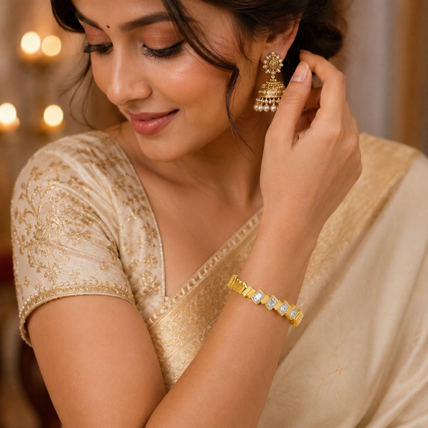 Gold Starburst Radiant Diamond Oval Kada for Women | Sunburst Stone Pattern Quick Stainless Steel Ladies Bangle | Glamour Festive Jewellery - House of Viya