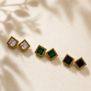 Earrings Crystal, Emerald & Black Onyx Square Halo Stud Earrings Set of 3 Pairs