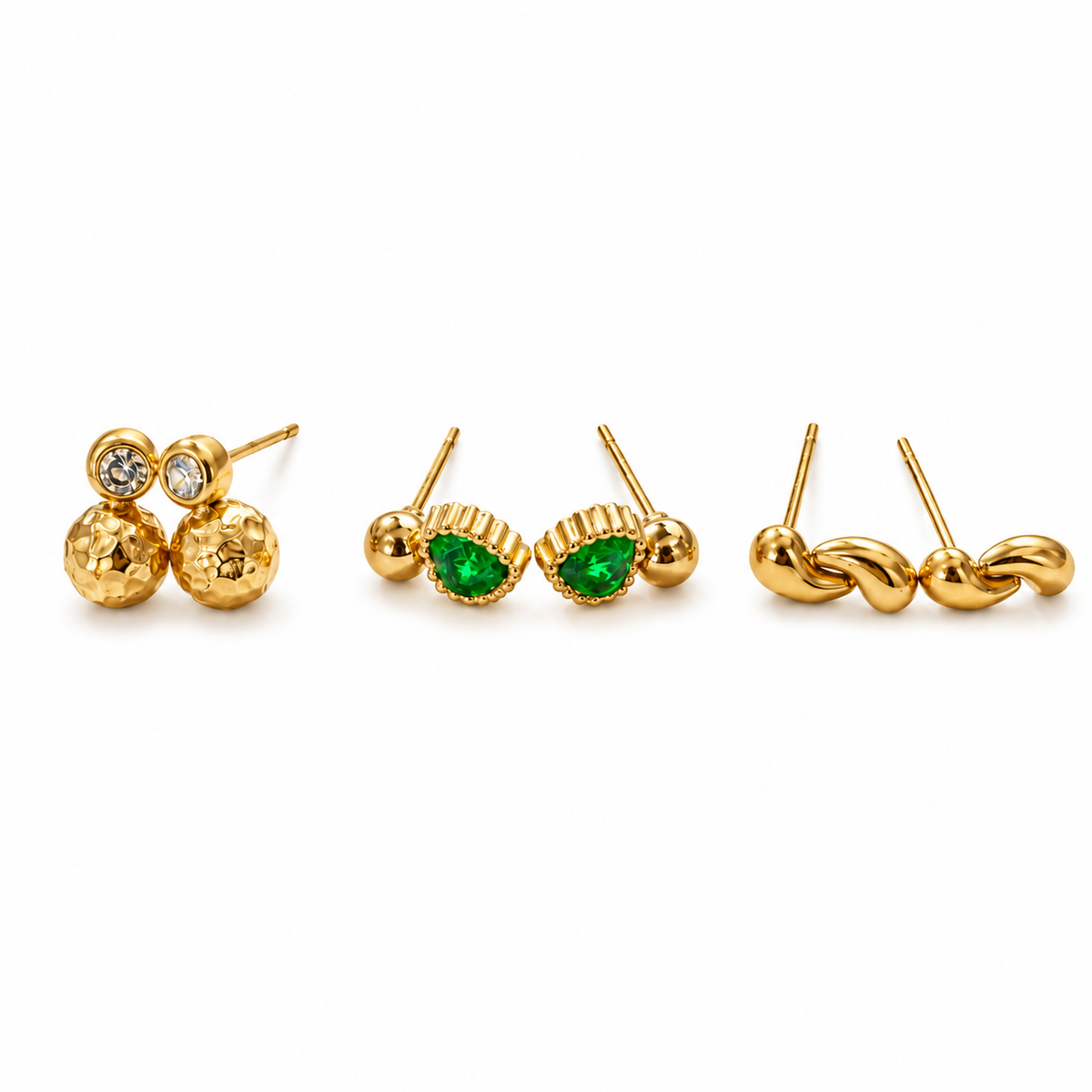 Earrings Gold Cluster Floral, Emerald Marquise & Twisted Knot Stud Earrings Set of 3 Pairs